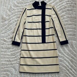 Vtg 1960s Butte Knit Navy and Cream Dress